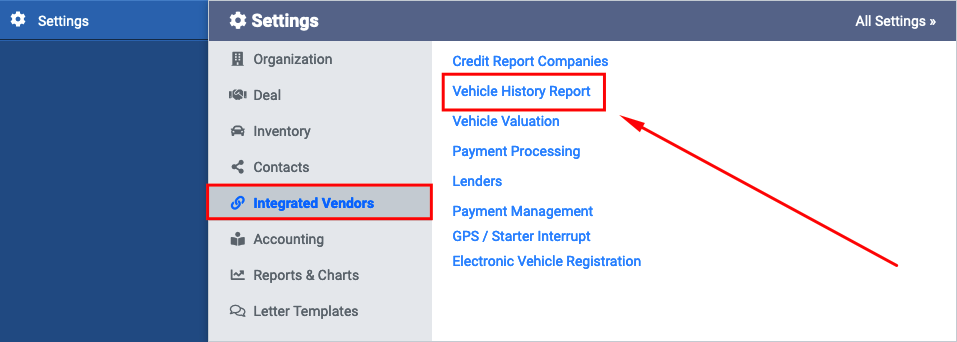 Settings- Integrated Vendors- Vehicle History Report.png